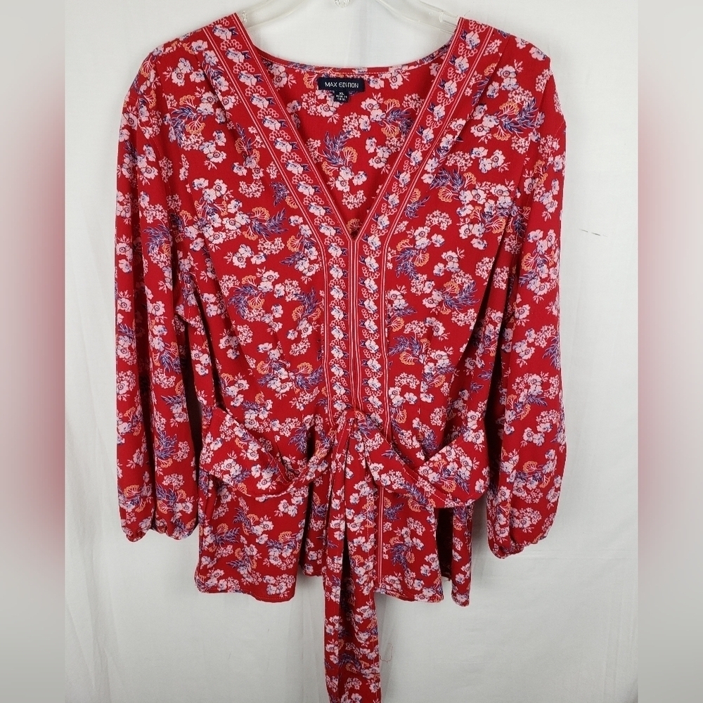 Max Edition Red Floral Long Sleeve Bohemian Waist Tie Shirt Sz XL